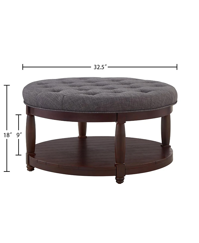 Streamdale Furniture Large Round Tufted Linen Ottoman Coffee Table with Wood Shelf