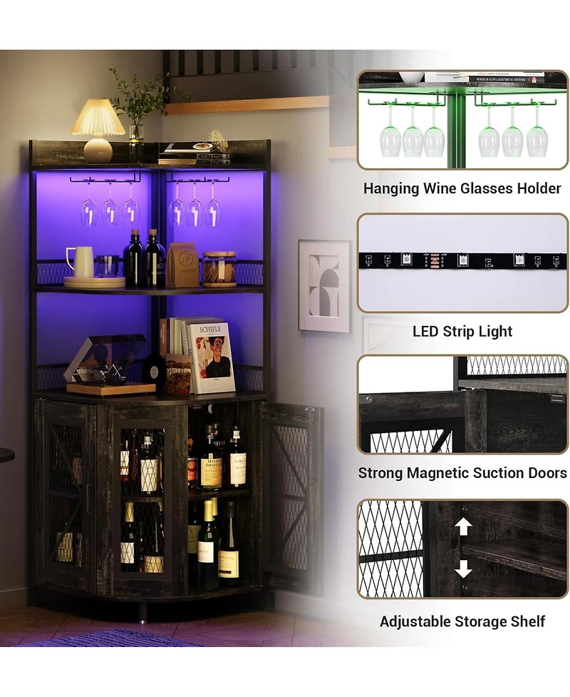 gaomon 64 Inch Tall Corner Bar Cabinet with Led Strip 5-Tiers Industrial Bar Cabinet with Power Outlet and Glass Holder Wine Cabinet
