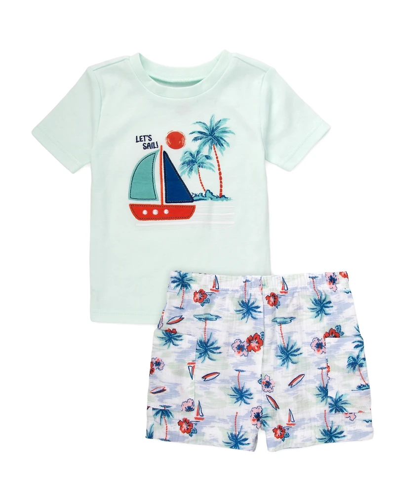 Baby Essentials Boys' Collared Shirt, Short-Sleeve T-Shirt and Printed Shorts, 3-Piece Set
