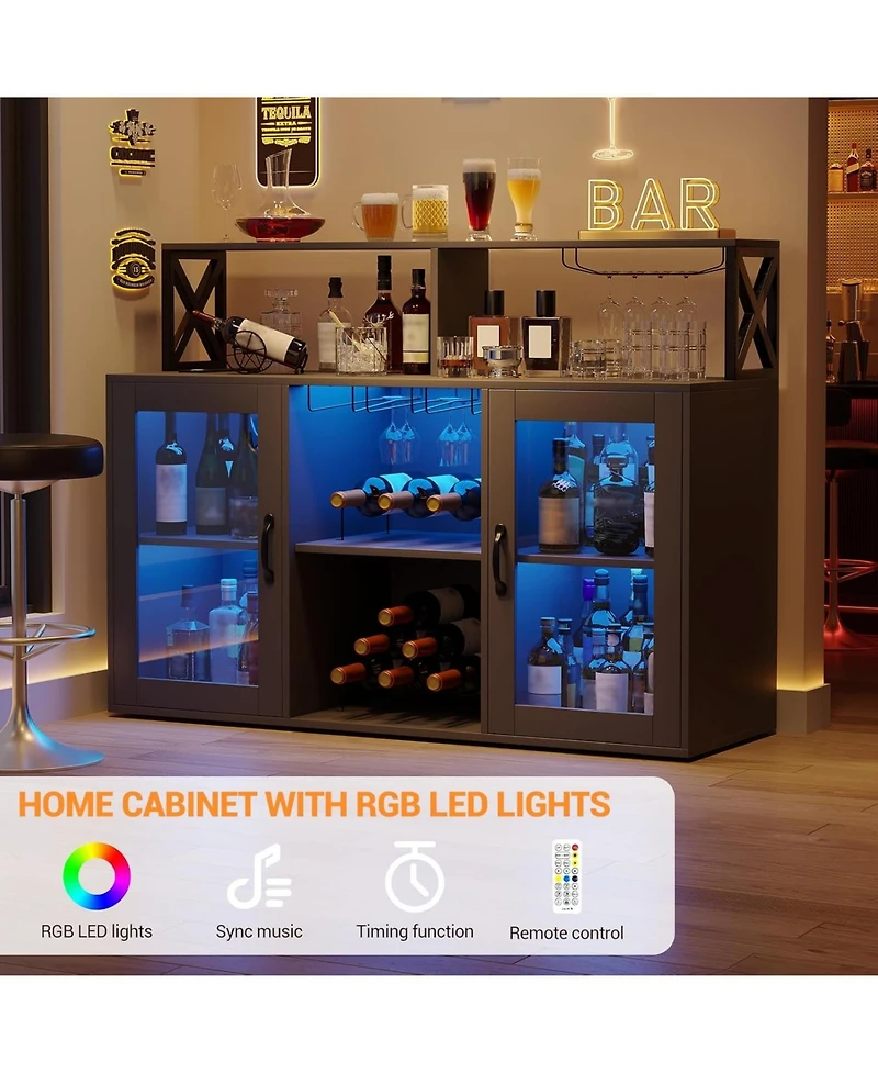 gaomon Wine Bar Liquor Cabinet with Led Lights, Glass Holder, Storage Shelves, and Rack for Home Kitchen or Coffee Bar