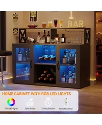 gaomon Wine Bar Liquor Cabinet with Led Lights, Glass Holder, Storage Shelves, and Rack for Home Kitchen or Coffee Bar