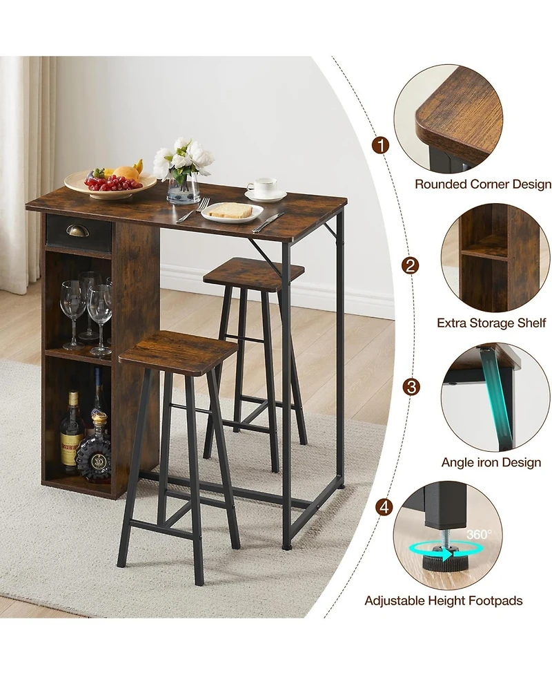 gaomon TrailBlaze Kitchen Dining Table Set 3 Piece Counter Height Bar Counter Table Set with Storage Drawer Shelves Wooden Bar Table and Chairs for 2