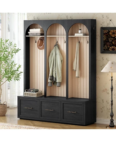 Streamdale Furniture Farmhouse Arched Hall Tree Bench with Hooks, Coat Rack & Shoe Organizer