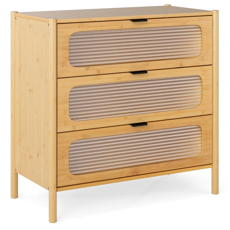 Sugift 3 Drawer Mid Century Modern Chest of Drawers with Reeded Tempered Glass Front