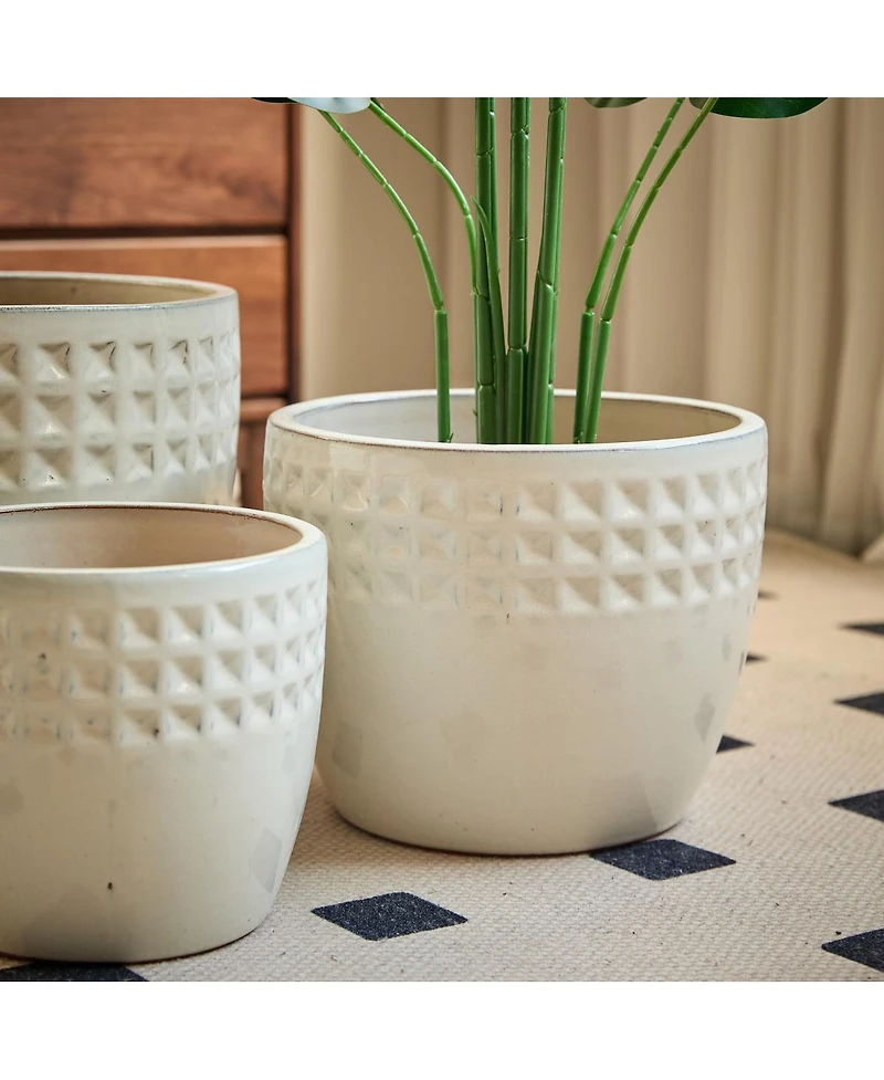 Streamdale Furniture Handmade Ceramic Flower Pot Set of 3, Diamond Pattern, 15/12/9 Inch Diameter