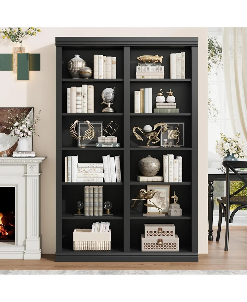 gaomon 74.5" Tall Double Wide Bookshelf 6-Tier Freestanding Bookcase with 12 Cubbies, Extra-Large Storage Shelf for Living Room, Home Office.