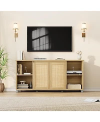 gaomon 70 Inch Tv Stand, Boho Tv Stand with Rattan Cabinet Doors, Entertainment Center with 4 Open Shelves & 2 Cabinets