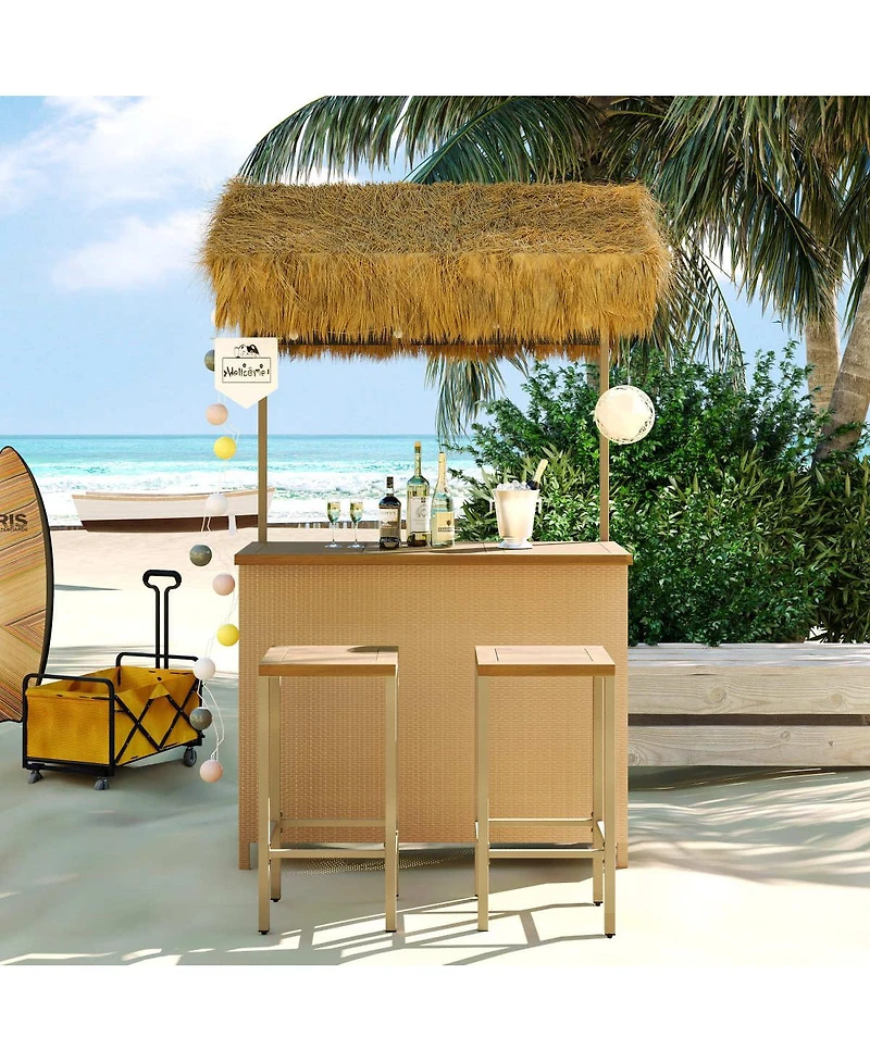 Streamdale Furniture Hawaiian-style Bar Height Patio Set with Pe Grass Canopy