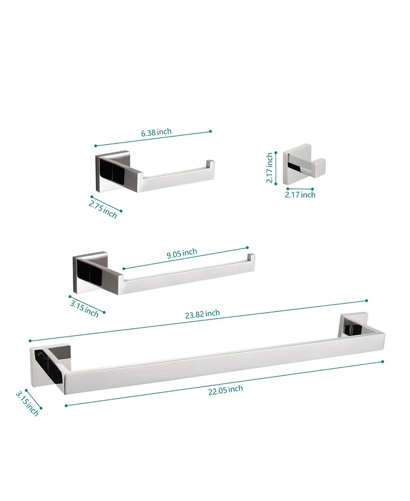 Rainsken Stainless Steel 4- Piece Bathroom Hardware Set, Towel Bar, Toilet Paper Holder, Hand Towel Rack and Robe Hook