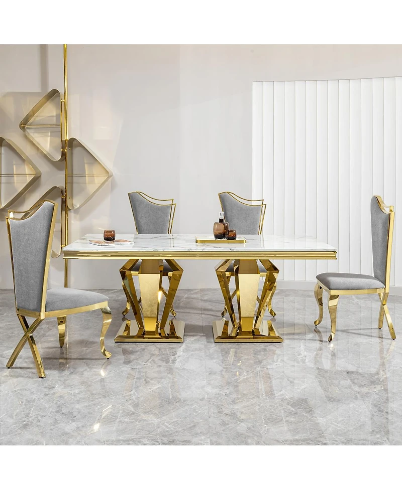 Streamdale Furniture Mdf Marble Top Dining Table for 6, White/Gold 66.9" Stainless Steel Base