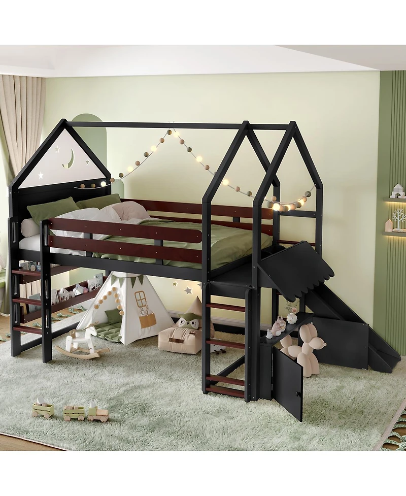 Streamdale Furniture Loft Bed with Bookshelf, House-Shaped with Slide