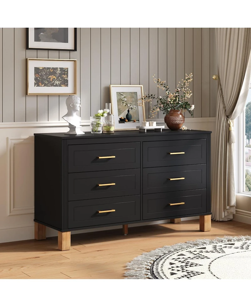 Streamdale Furniture 6-Drawer Double Dresser, Modern Storage Cabinet with Metal Handles & Solid Wood Legs