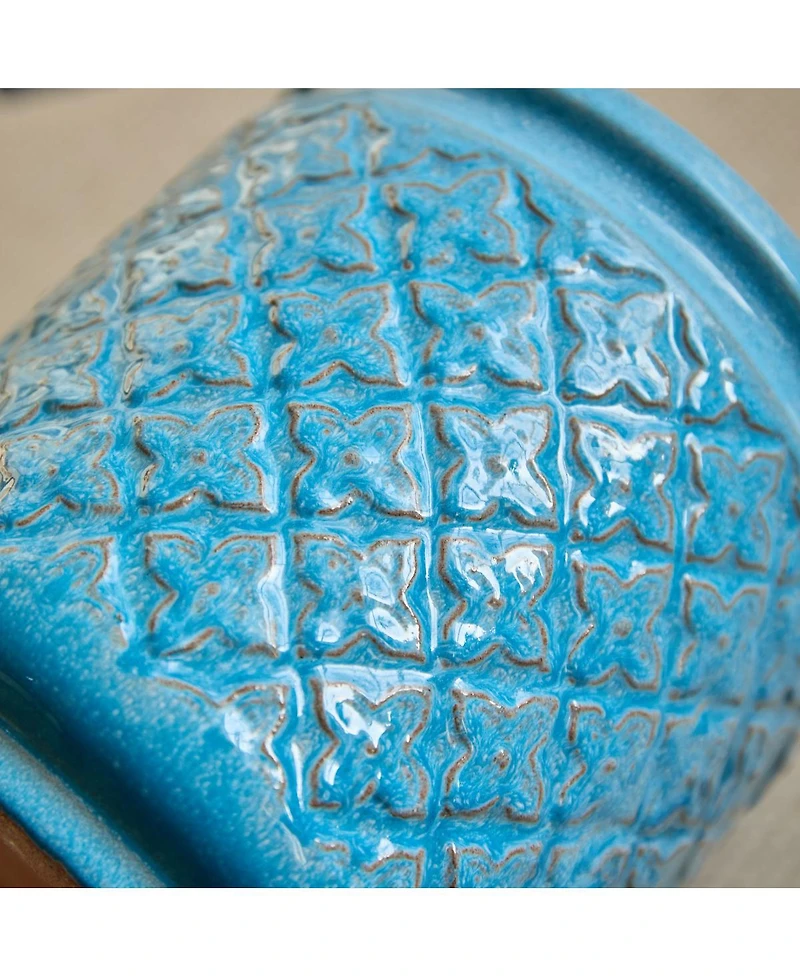 Streamdale Furniture Handmade Ceramic Flowerpot Set of 3, Blue Geometric Pattern, 15/12/9 Inch Diameter