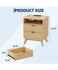 gaomon Modern Fluted Night Stands Set of 2, Nightstands with Usb Charging Station, Two Drawer Filing Cabinets with Shelf