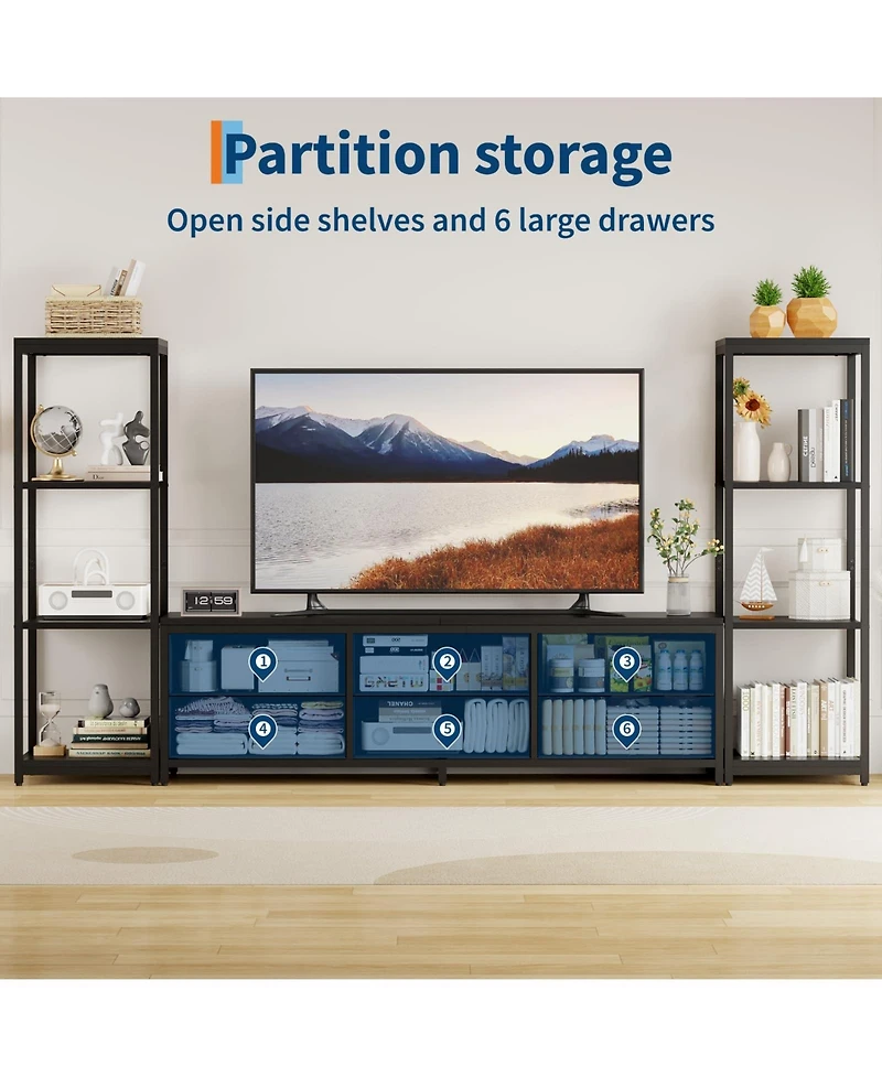 Gaomon 88.9 Tv Stand for 75 Inch Tv, Entertainment Center with Fabric Drawers & 4-Tier Open Shelves, Modern Media Console