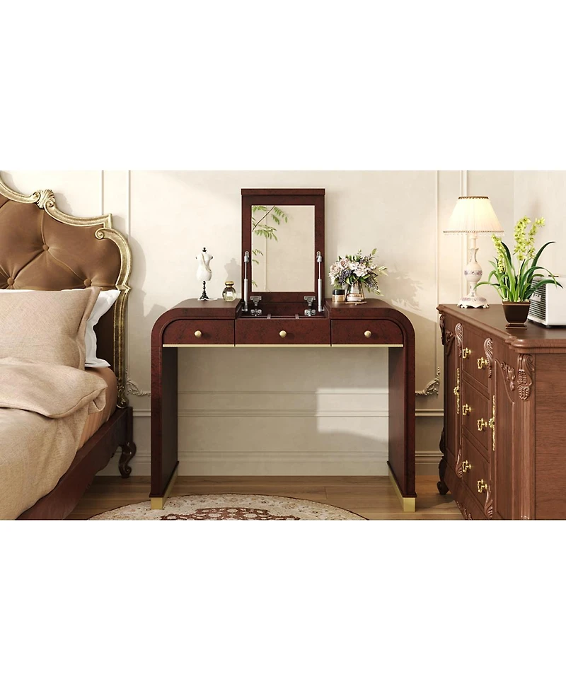 Streamdale Furniture Classic Wood Vanity Desk with Flip Mirror, 3-in-1 Dressing Table