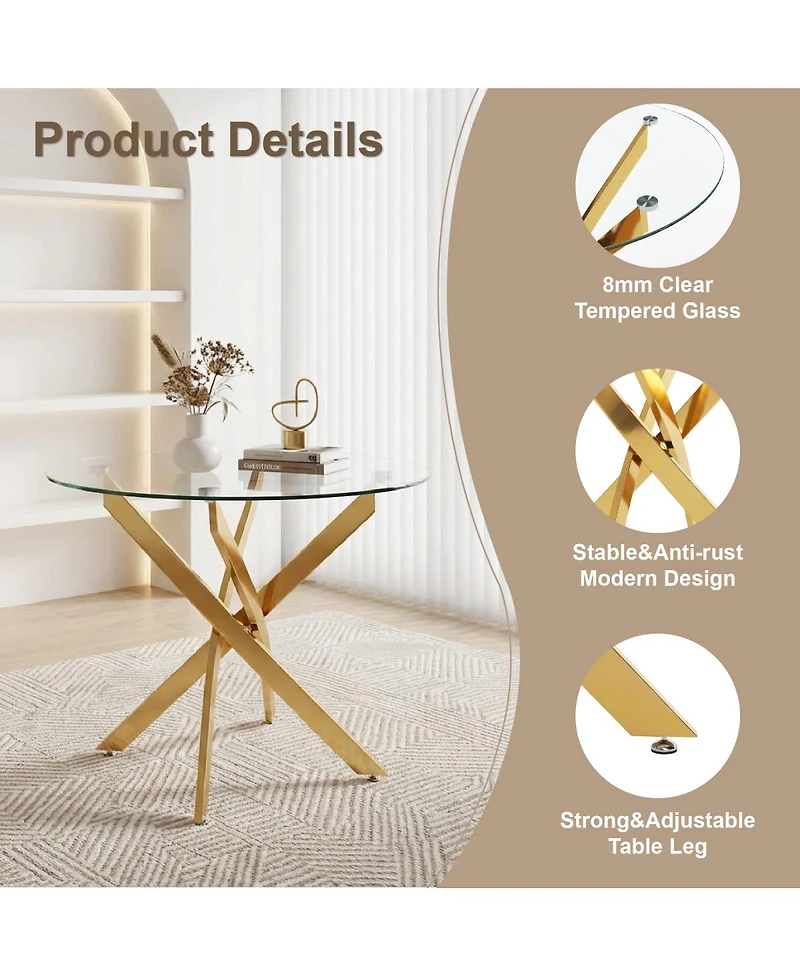 Streamdale Furniture Round Dining Table, 35.5" Glass Dining Table with Gold Legs