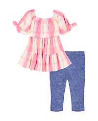 Kids Headquarters Girls' 2T-6X Puff-Sleeve Plaid Tunic Top and Capri Jeggings, 2-Piece Set