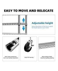 Rainsken Heavy Duty Garment Rack on Wheels, 3 Tiers Adjustable Wire Shelving, Clothes Rack with 1 Rods and Side Hooks for Bedroom and Wardrobe, Chrome