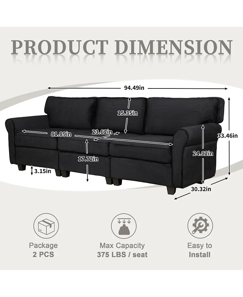 Streamdale Furniture 94" 3-Seater Corduroy Sofa Couch with Deep Seats & Removable Cushions