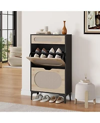 gaomon Rattan Shoe Cabinet with 2 Flip Drawers & 1 Pull Out Drawer – Wooden Shoe Storage Cabinet with Adjustable Shelf & Metal Legs