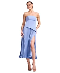 Dress the Population Women's Strapless Asymmetric Pleated Slit Midi
