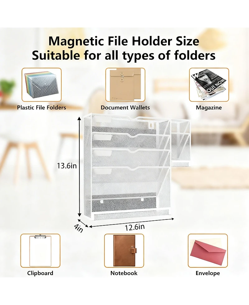 Yigii 5-Tier Magnetic File Organizer with Pen Holders for Efficient Desk or Wall Storage