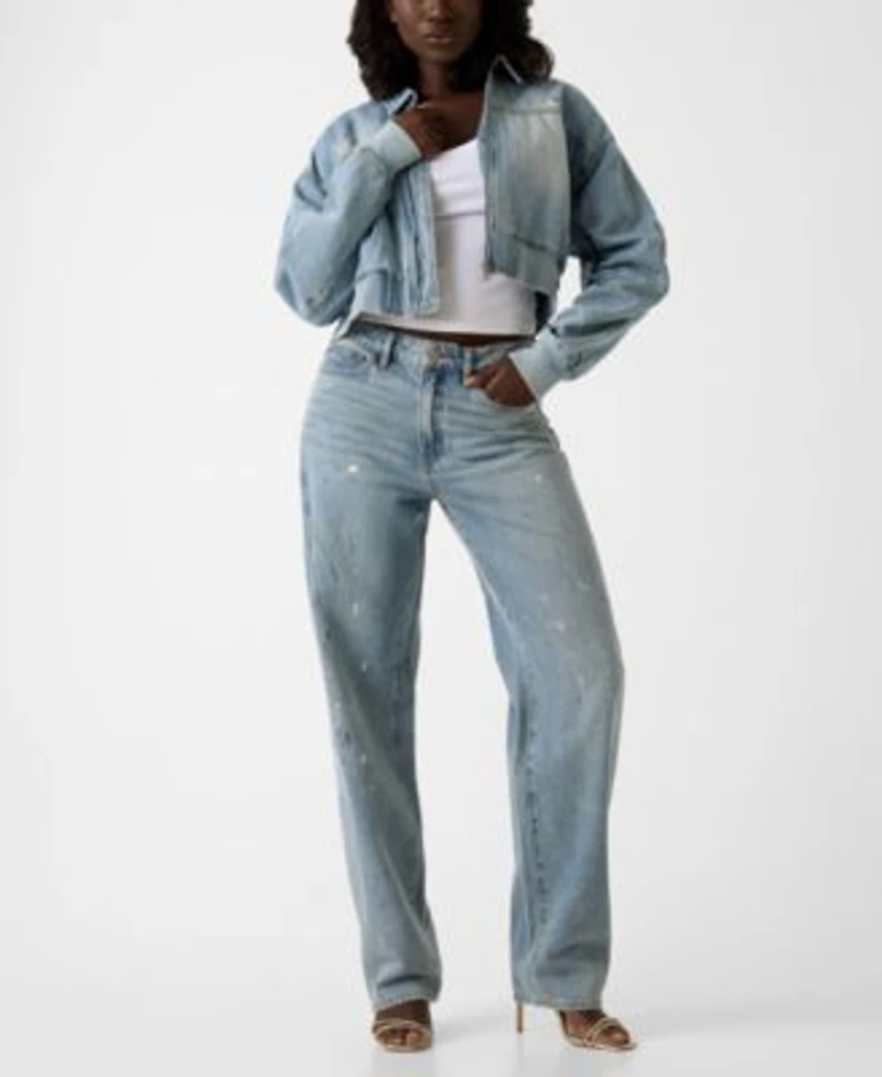 Guess Womens Anna Collared Cropped Bomber Jacket Relaxed Barrel High Rise Jeans