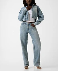 Guess Womens Anna Collared Cropped Bomber Jacket Relaxed Barrel High Rise Jeans