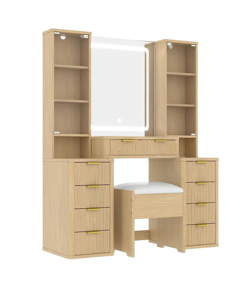 Streamdale Furniture 43.5" Fluted Makeup Vanity Desk with Mirror, Lights, 10 Drawers, 2 Cabinets, Stool