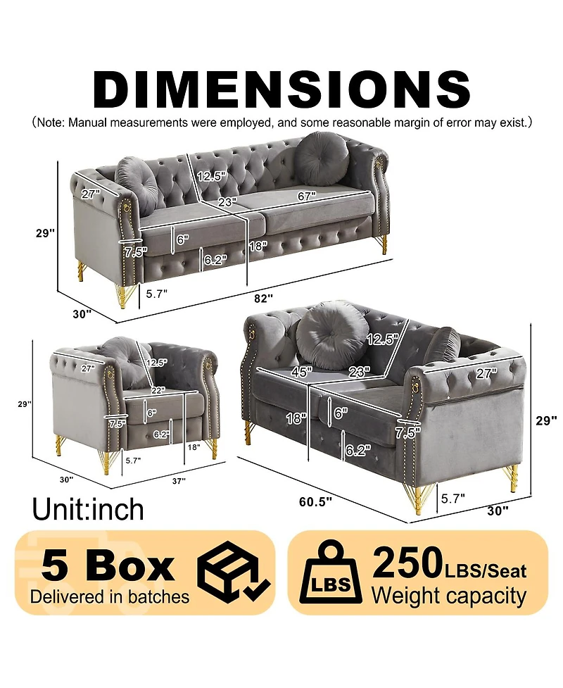Streamdale Furniture Velvet Chesterfield Sofa with Copper Studs & Tufted Buttons, Metal Legs