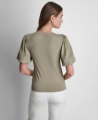 Dkny Women's Puffed Crewneck Mix Media Knit Top