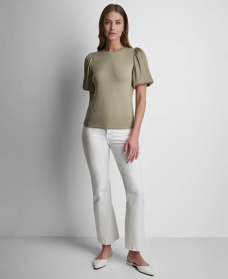 Dkny Women's Puffed Crewneck Mix Media Knit Top