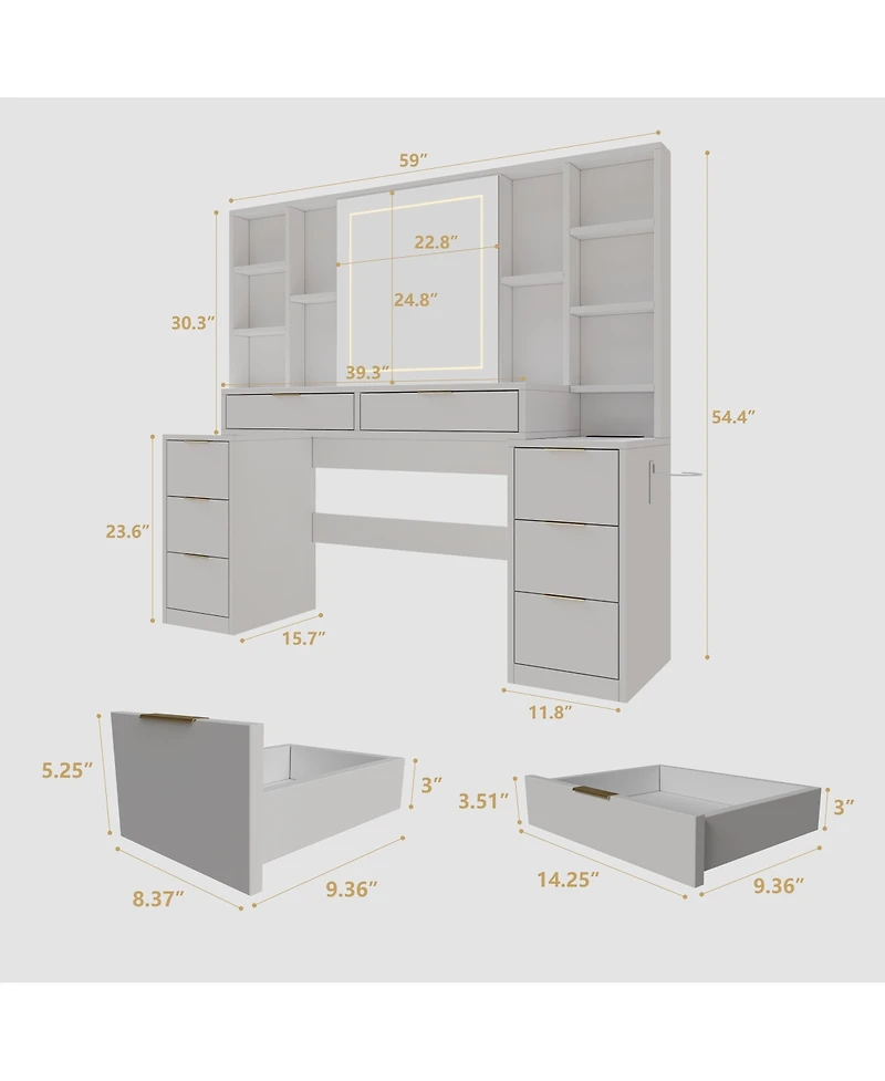 Streamdale Furniture Makeup Vanity Desk with Mirror, Lights & 8 Drawers, 59" Large Table