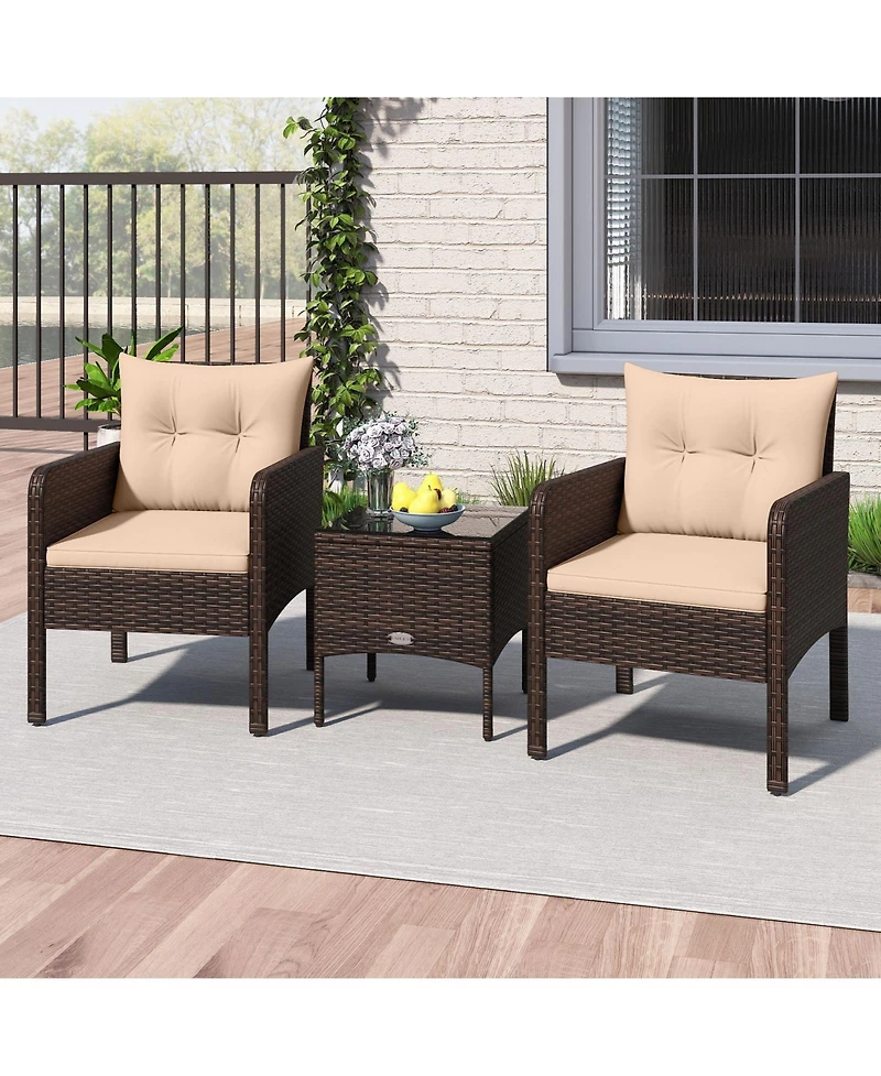Gymax Set of 3 Outdoor Patio Pe Wicker Furniture Set w/Cushions and Tempered Glass Coffee Table