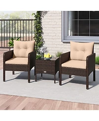 Gymax Set of 3 Outdoor Patio Pe Wicker Furniture Set w/Cushions and Tempered Glass Coffee Table