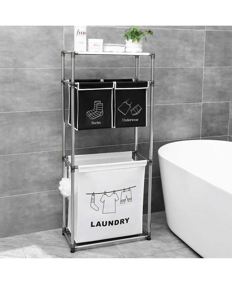 Rainsken 3 Tier Laundry Hamper Sorter Organizer, Vertical Laundry Basket with 4 Removable Bags and Hooks for Home Laundry Room, Bathroom