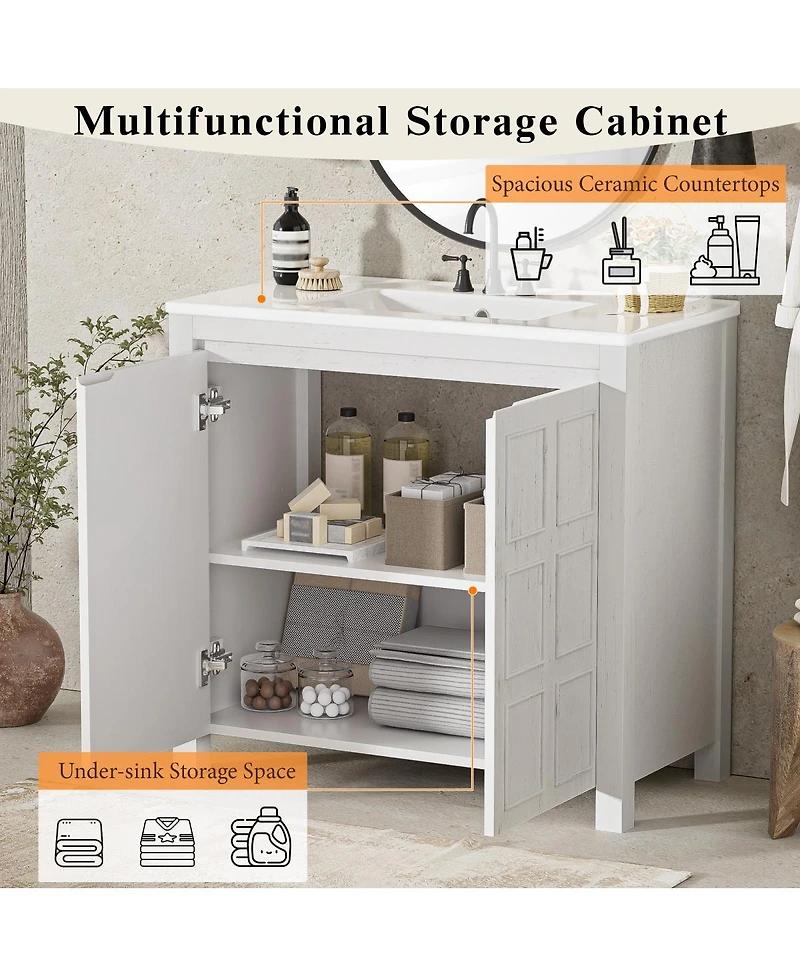Sillysis 36" Retro Bathroom Vanity with Ceramic Sink, Solid Wood Frame and Soft Close Doors, Spacious Storage Cabinet for Modern Bathrooms.
