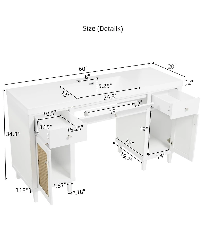Sillysis 60" Wheelchair Accessible Bathroom Vanity with Smc Sink, Modern Storage Cabinet with Soft Close Drawers & Pine Legs