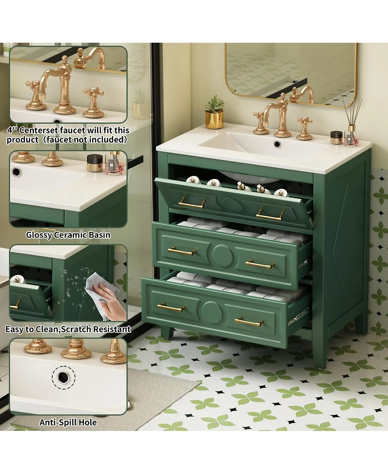 Sillysis 30" Bathroom Vanity with Ceramic Sink, Retro Solid Wood Cabinet & 3 Drawer Storage for Small Spaces