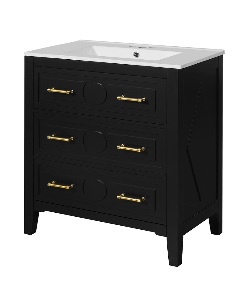 Sillysis 30" Bathroom Vanity with Ceramic Sink, Retro Solid Wood Cabinet & 3 Drawer Storage for Small Spaces