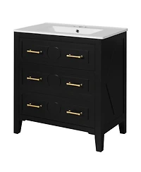 Sillysis 30" Bathroom Vanity with Ceramic Sink, Retro Solid Wood Cabinet & 3 Drawer Storage for Small Spaces