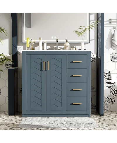 Sillysis 36" Bathroom Vanity with Ceramic Sink, Modern Solid Wood Cabinet & Ample Storage Drawers for Small Spaces
