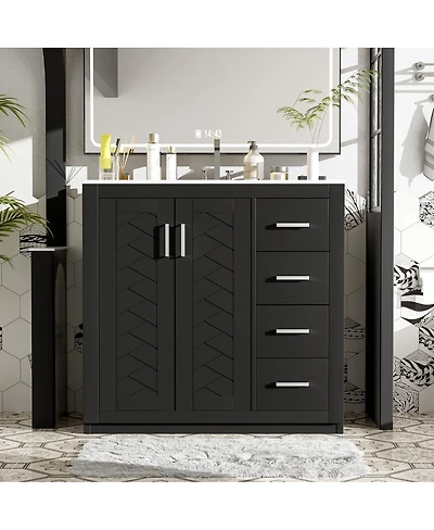 Sillysis 36" Bathroom Vanity with Ceramic Sink, Modern Solid Wood Cabinet & Ample Storage Drawers for Small Spaces