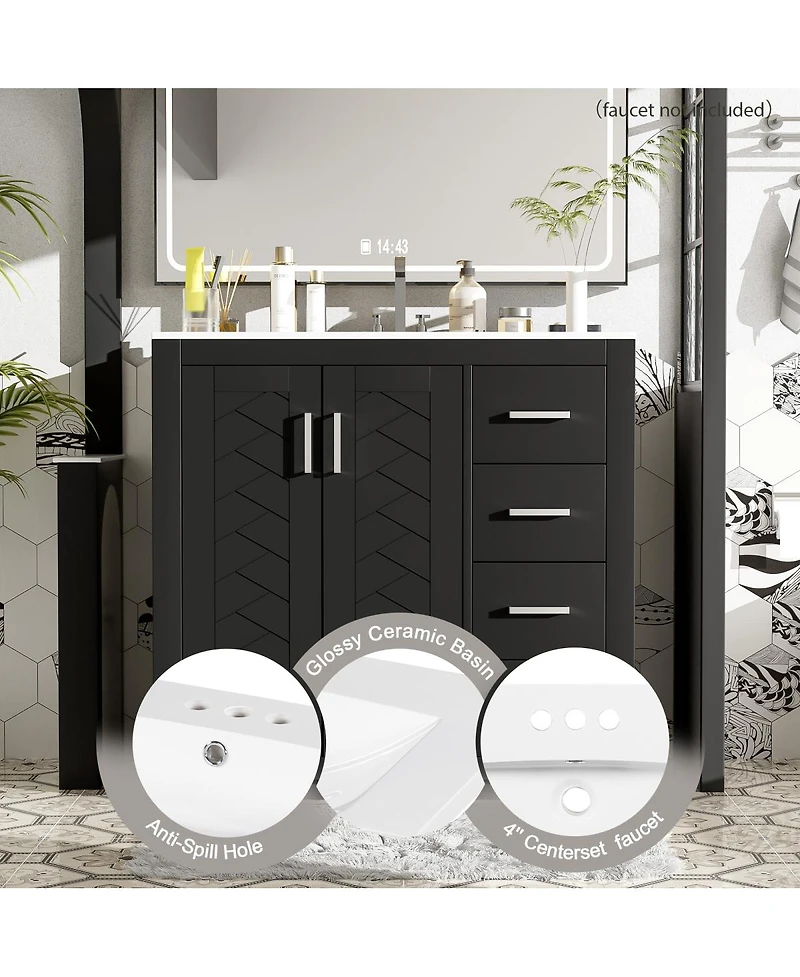 Sillysis 36" Bathroom Vanity with Ceramic Sink, Modern Solid Wood Cabinet & Ample Storage Drawers for Small Spaces