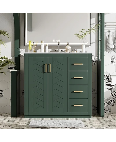 Sillysis 36" Bathroom Vanity with Ceramic Sink, Modern Solid Wood Cabinet & Ample Storage Drawers for Small Spaces