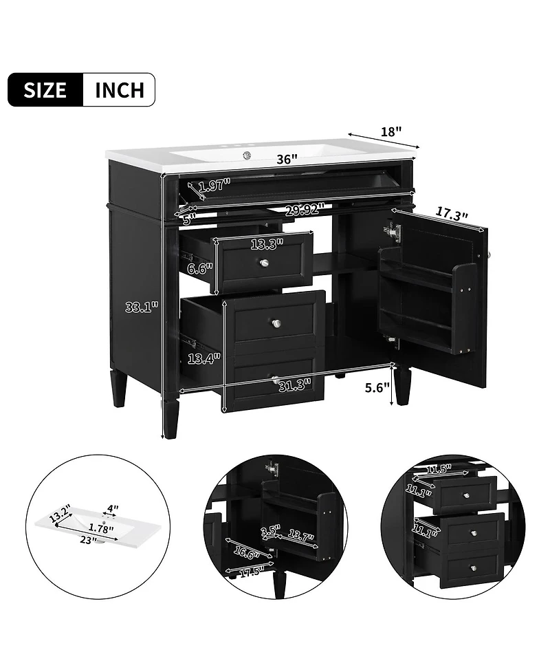Sillysis 36" Bathroom Vanity with Resin Sink, Modern Freestanding Cabinet Drawers & Adjustable Shelf, Solid Wood Mdf Storage