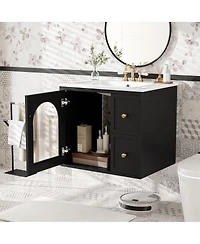 Sillysis 24" Wall Mount Bathroom Vanity with Glass Door, Ceramic Sink & 2 Drawers, Space Saving Storage for Small Bathrooms-Sillysis