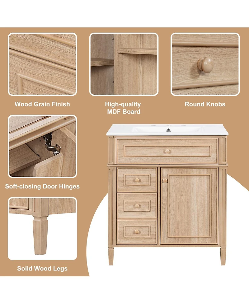 Sillysis 30" Freestanding Bathroom Vanity with Sink & Soft Close Flip Drawer, Solid Wood & Mdf Storage for Modern Bathrooms