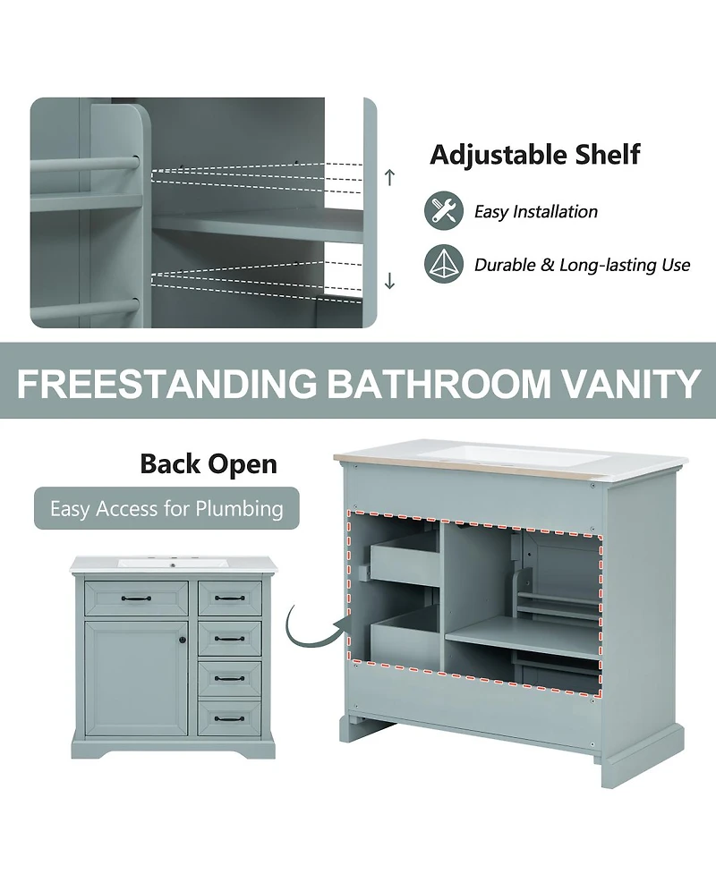 Sillysis 36" Bathroom Vanity with Ceramic Sink, Classic Modern Rubber Wood Cabinet & Ample Drawer Storage for Small Spaces